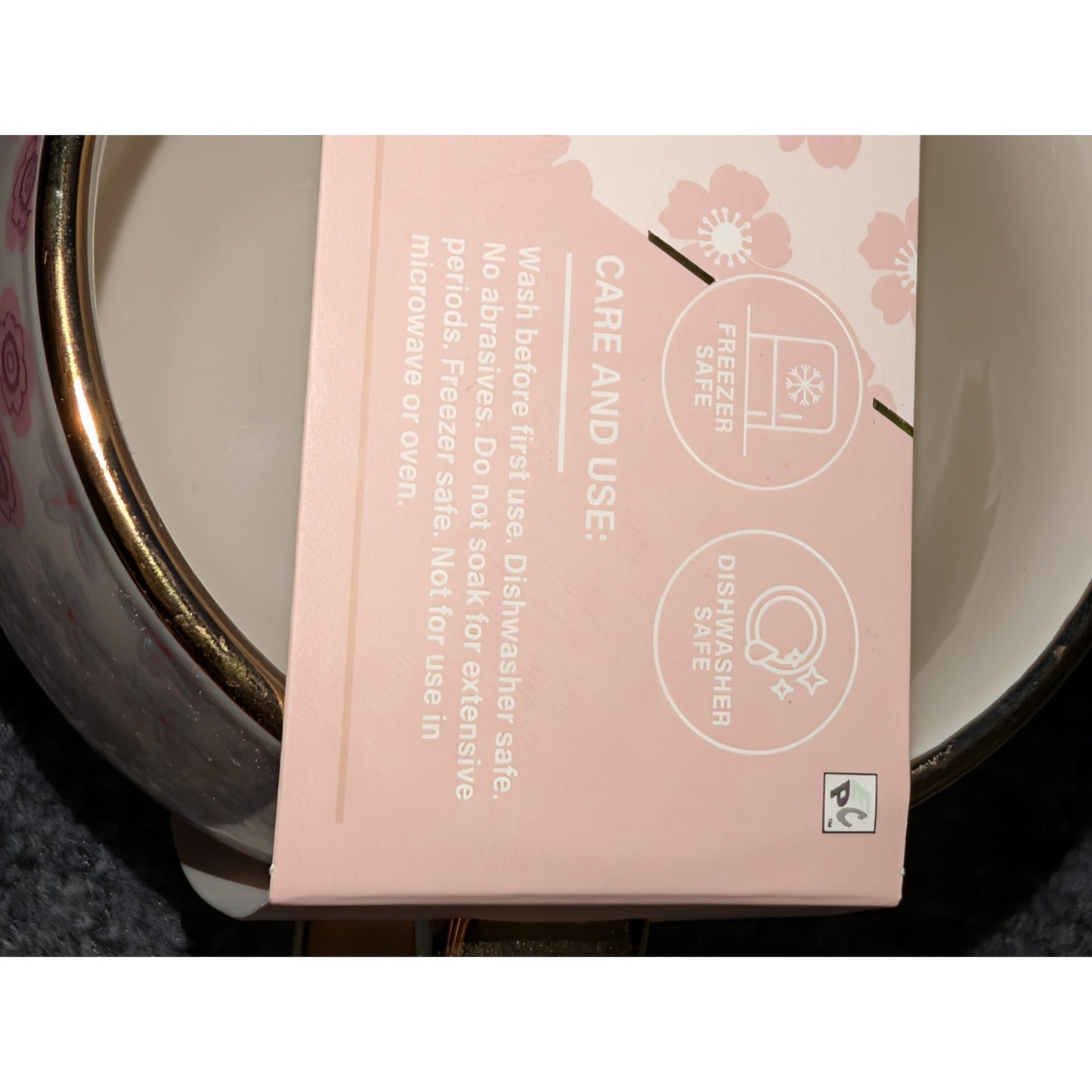 NWT Thyme & Table Pink Floral Ceramic 18 oz. Gold Trim Coffee Tea Mug