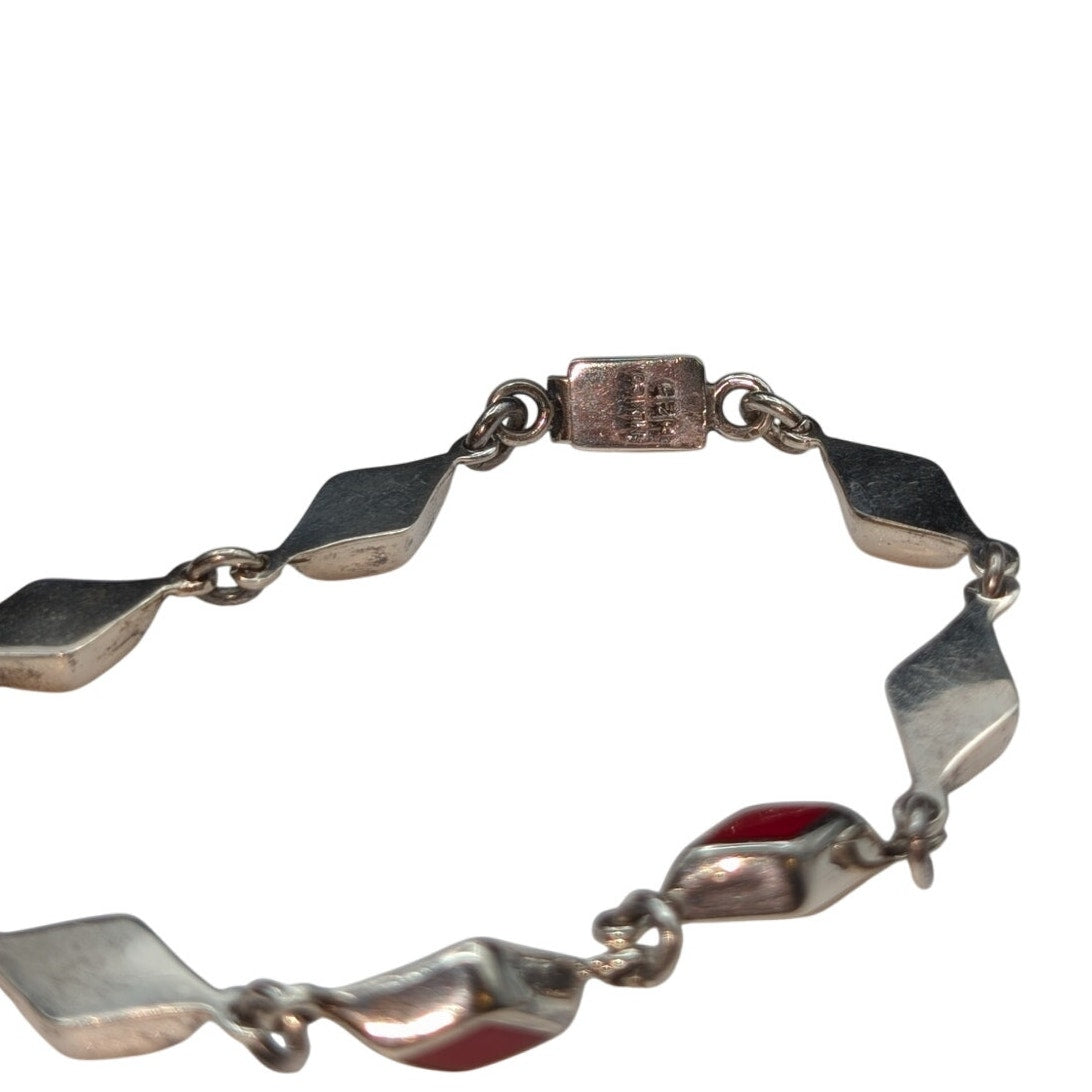 925 Sterling Silver Mexico Red Coral Inlay Diamond Shape Link Box Clasp Bracelet