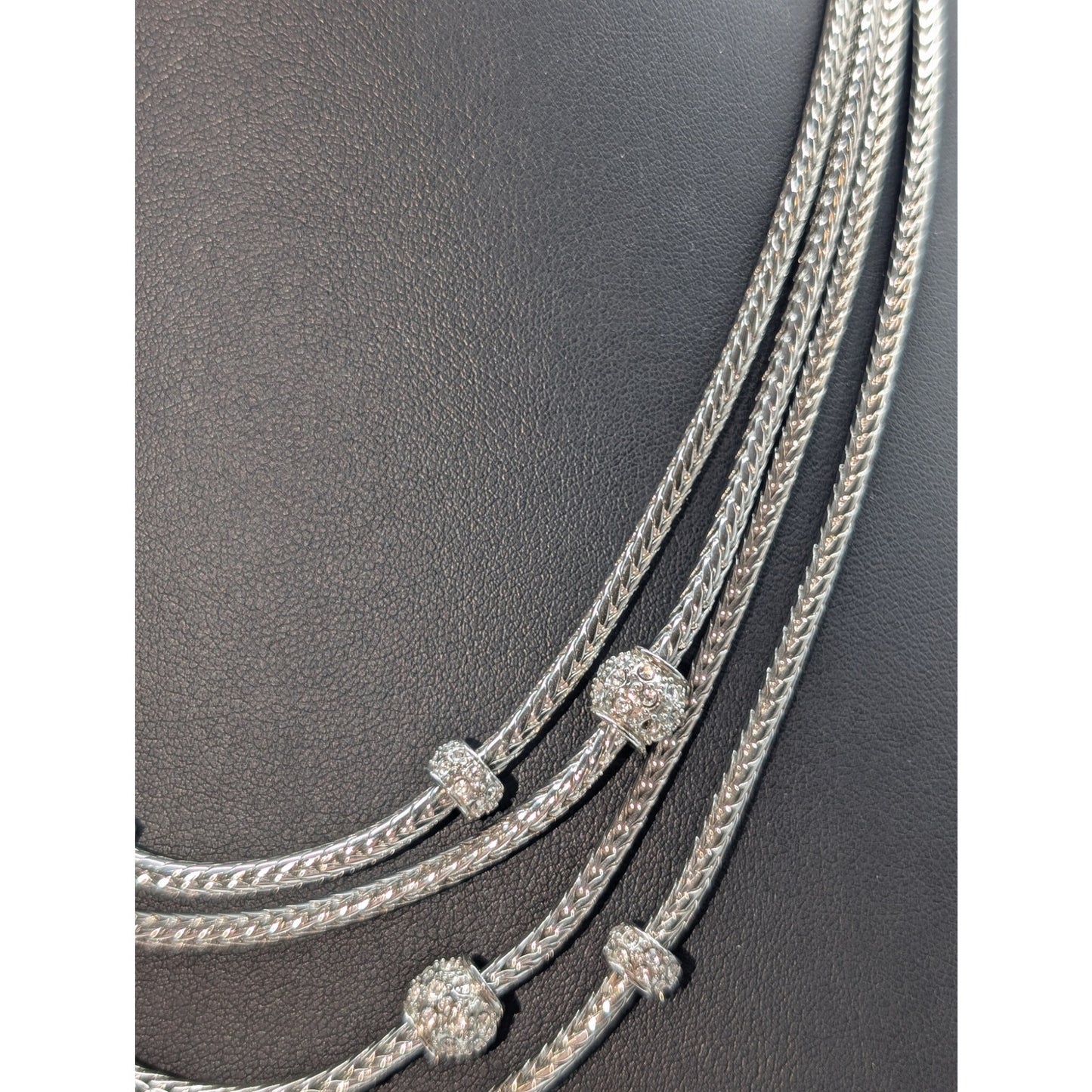 Silver Tone 4 Strand Wheat Chain Pave Bead Stations16.5"-20" Necklace