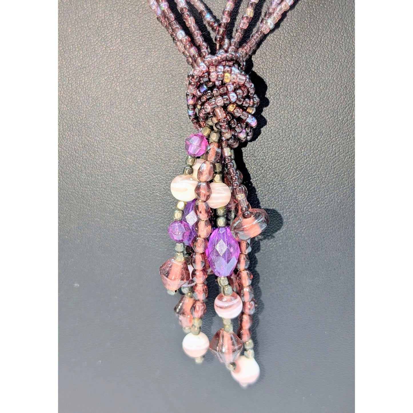 Purple Glass Bead Multi-Strand Tassel Fringe 24"-26.5" Necklace