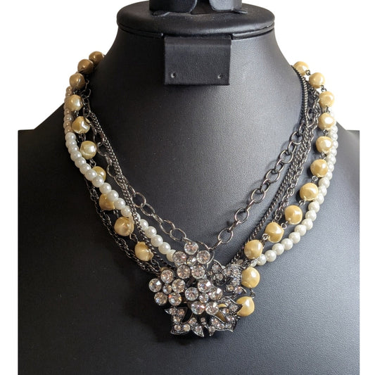 Express Layered Faux Pearl Rhinestone Flower Multi Chain Necklace
