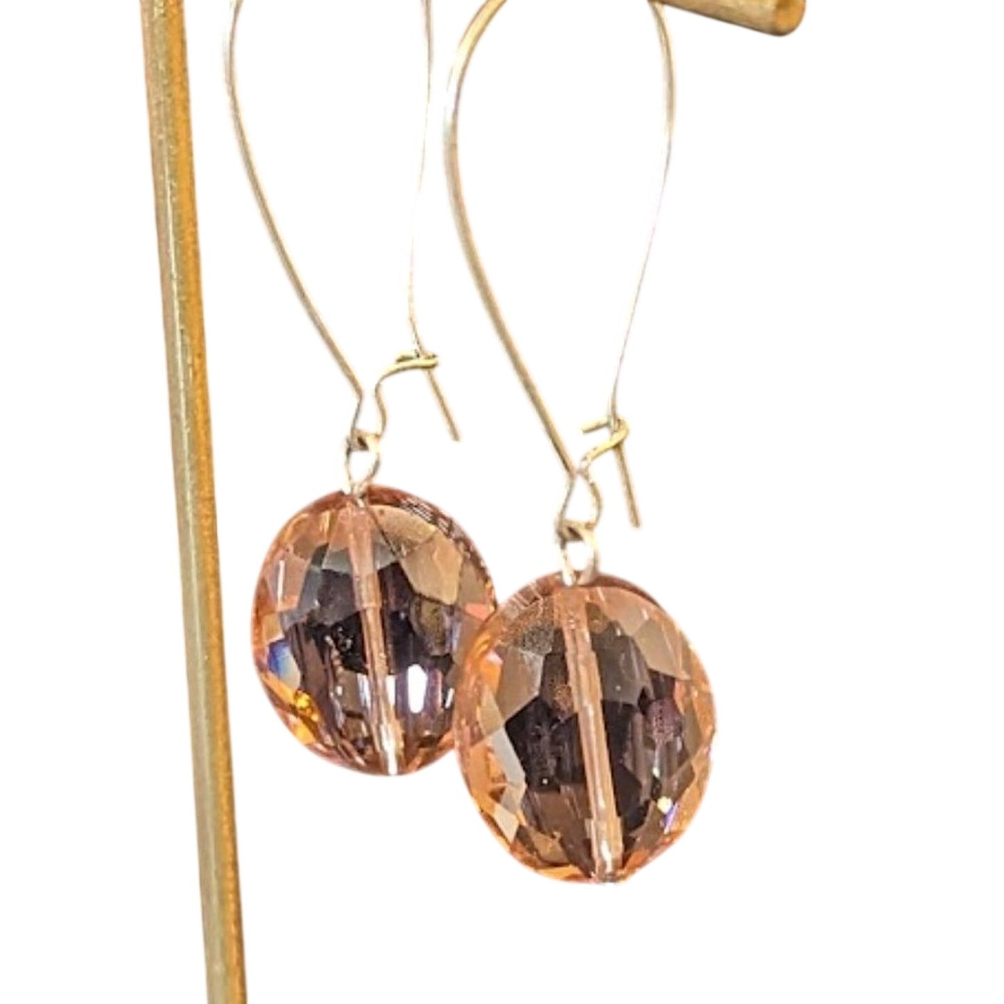 Large Peach Crystal Dangle Earrings with Long Kidney Ear Wire