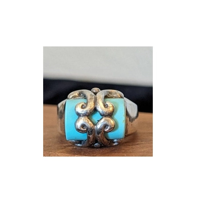 Southwestern Sterling Silver Swirl Filigree Wrapped Turquoise Ring Size 6.25