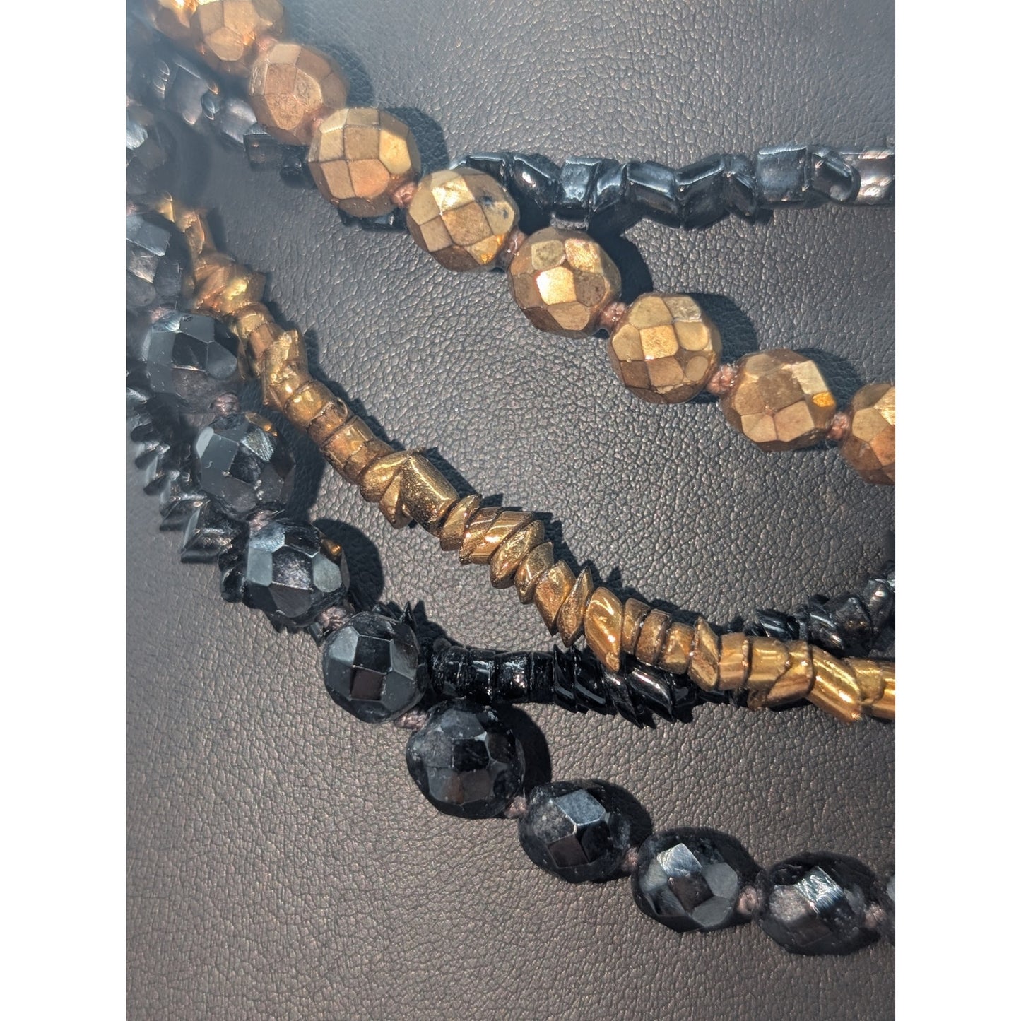 Vintage Vogue Five Strand Bronze Metallic Black Glass Multi-Bead 15.5" Necklace