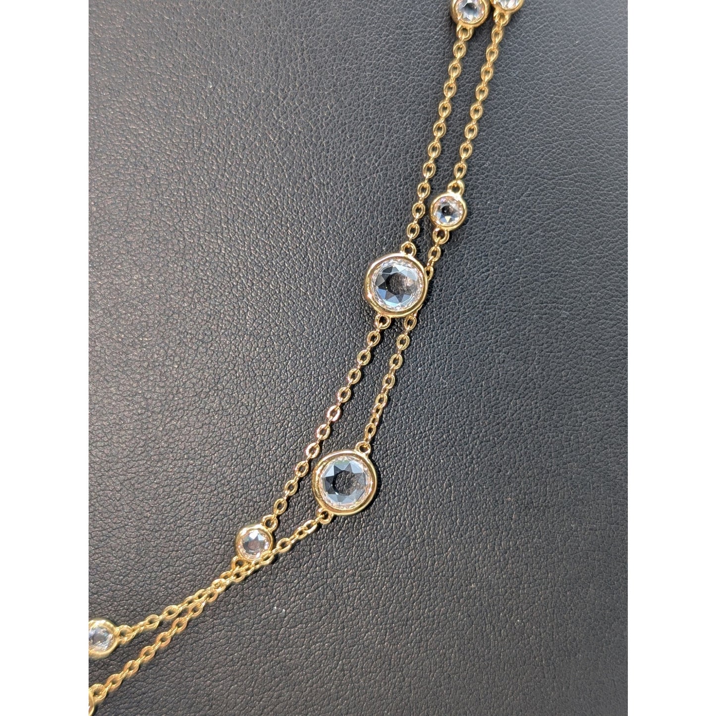 52" Long Gold Tone Bezel Set Small & Larger Glass Crystal Station Chain Necklace