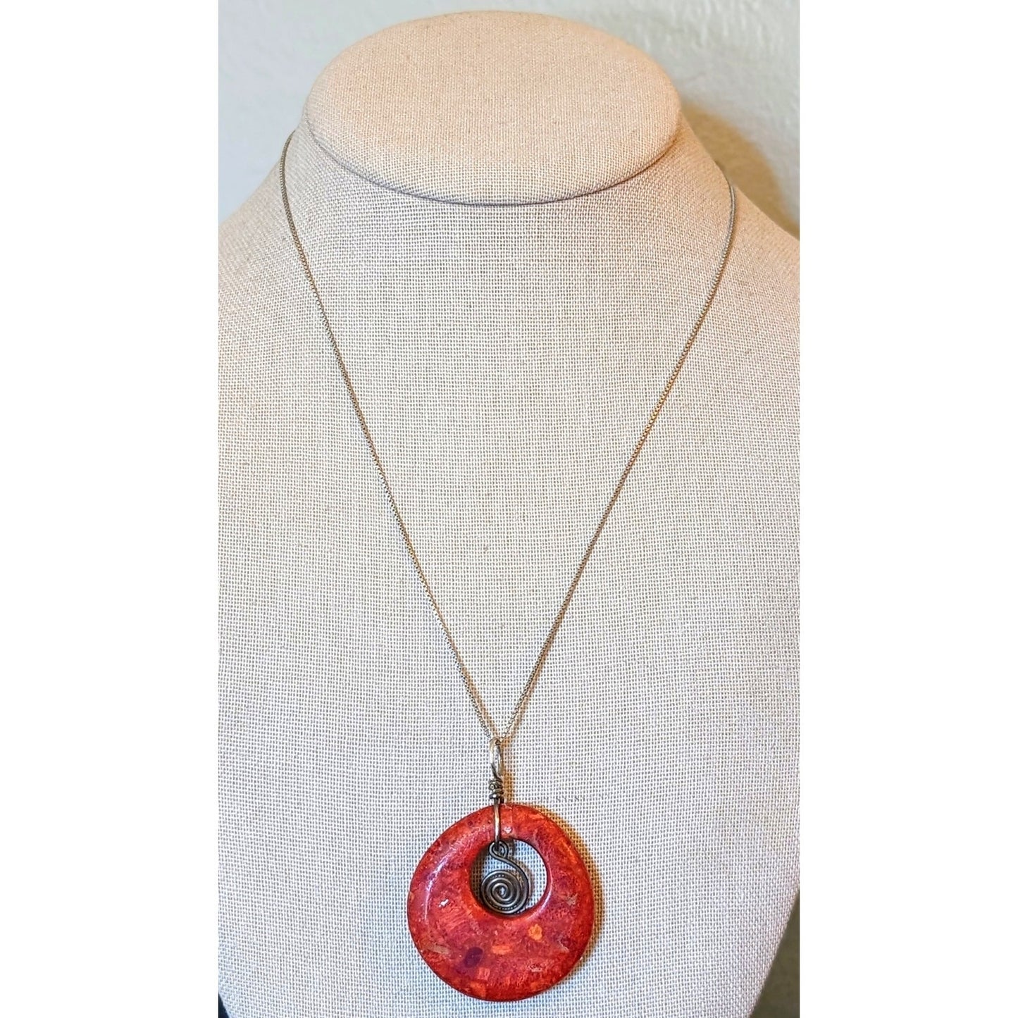 Vtg Large Red Coral Donut Boho Pendant on 925 Italy Sterling 18" Necklace