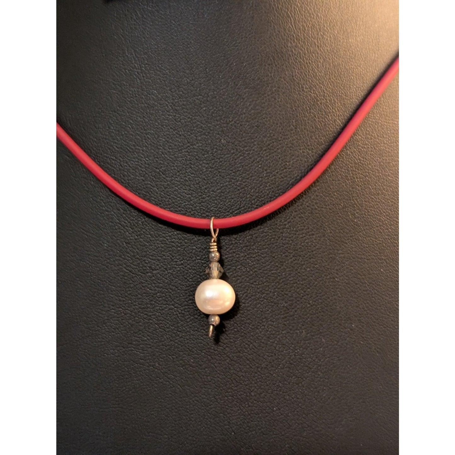 Red Rubber Cord W/ 925 Sterling Silver Clasp & Pearl Pendant 16" Necklace