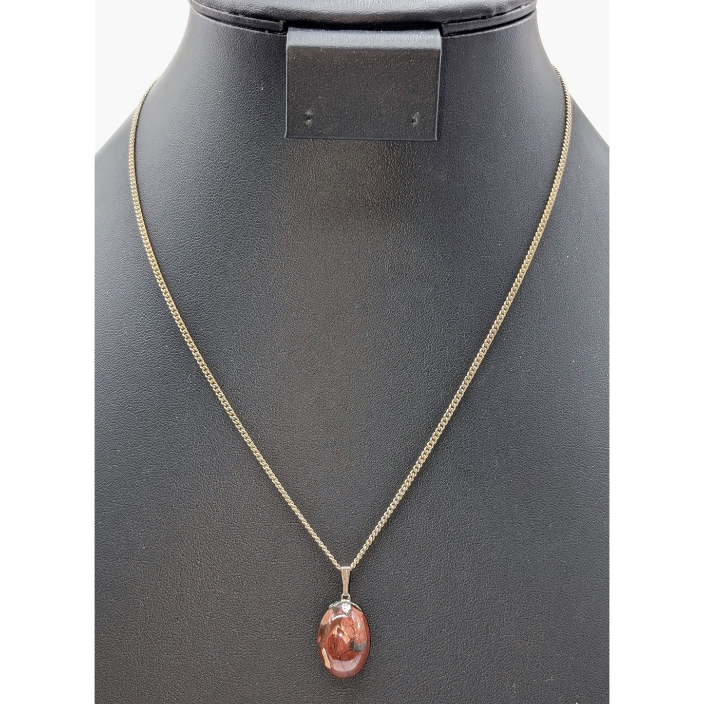 Vintage 925 Sterling Silver Jasper Cabochon Pendant 18" Necklace