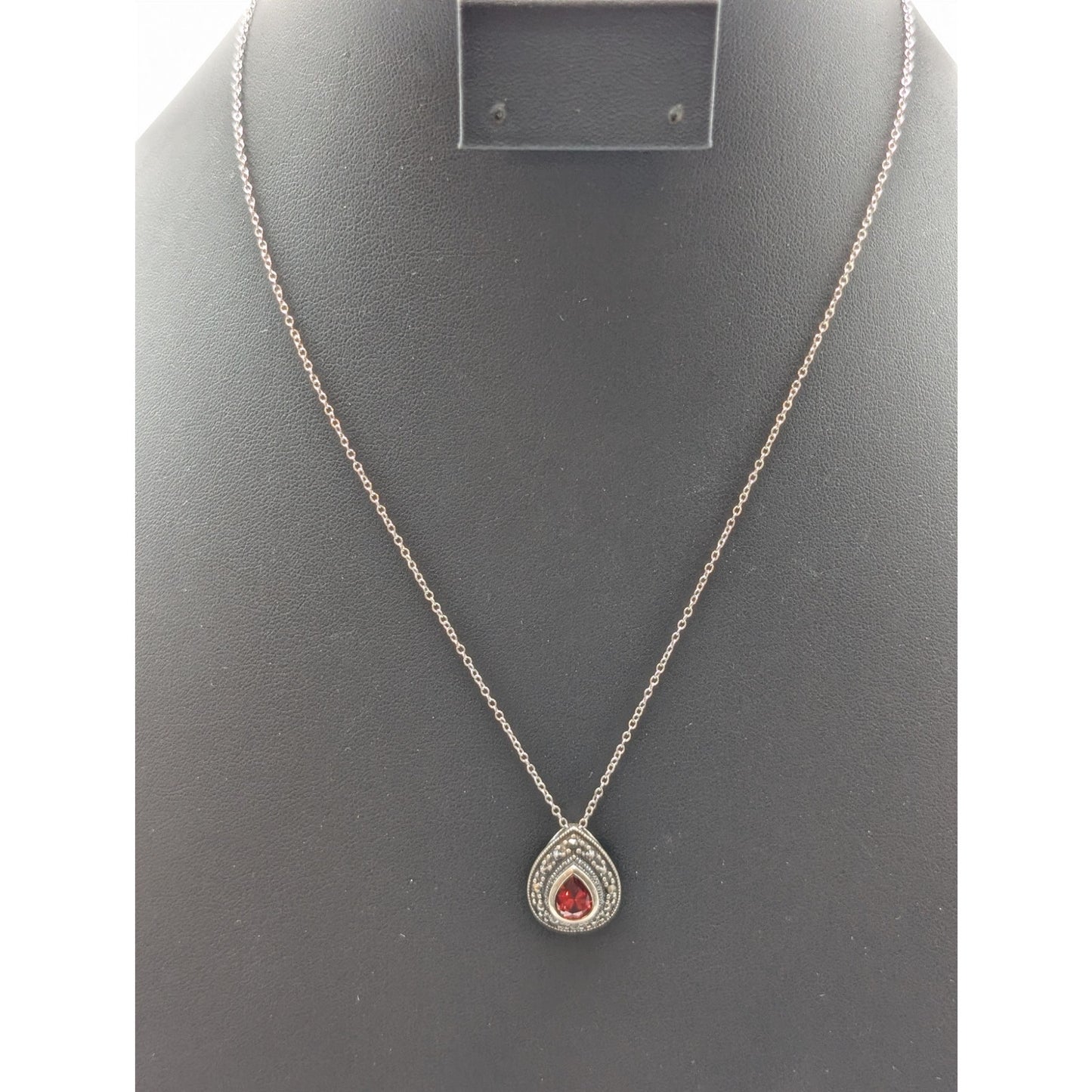 925 Sterling Bezel Set Red Faceted Crystal Teardrop Marcasite Surround Necklace