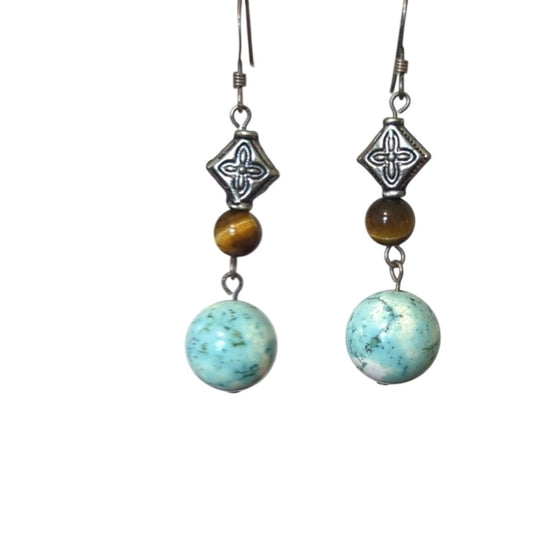 Silver Tone Two Stone Bead Dangle Earrings