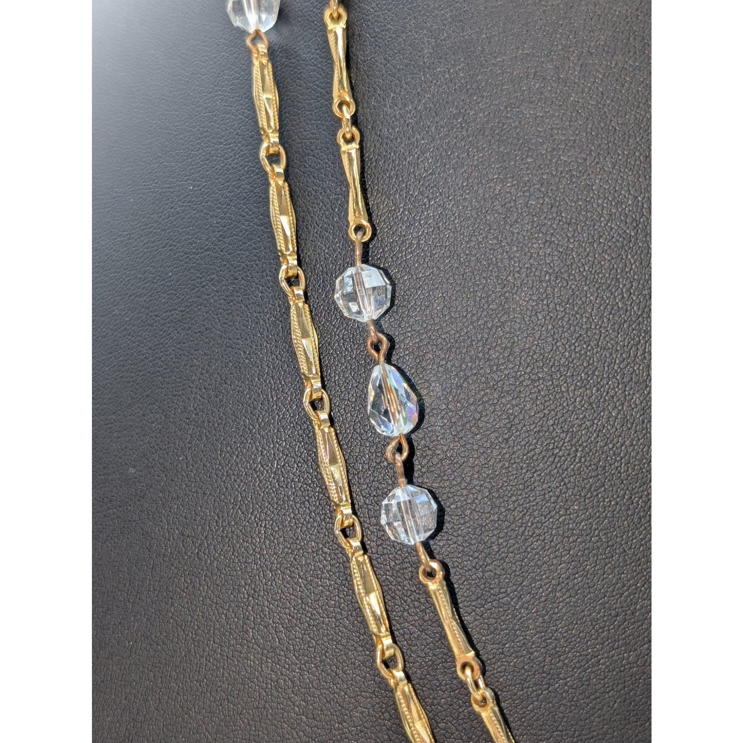 Vintage Glass Crystal Gold Tone Textured Chain Link 48" Long Strand Necklace