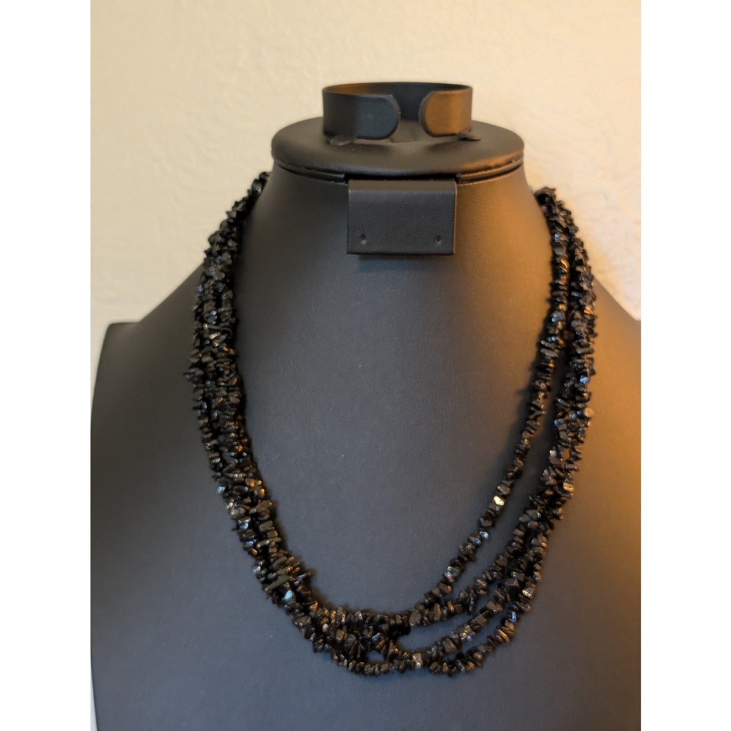 Vintage Southwest 4-Strand Black Stone Chip Bead Necklace W/ Sterling Cone Ends