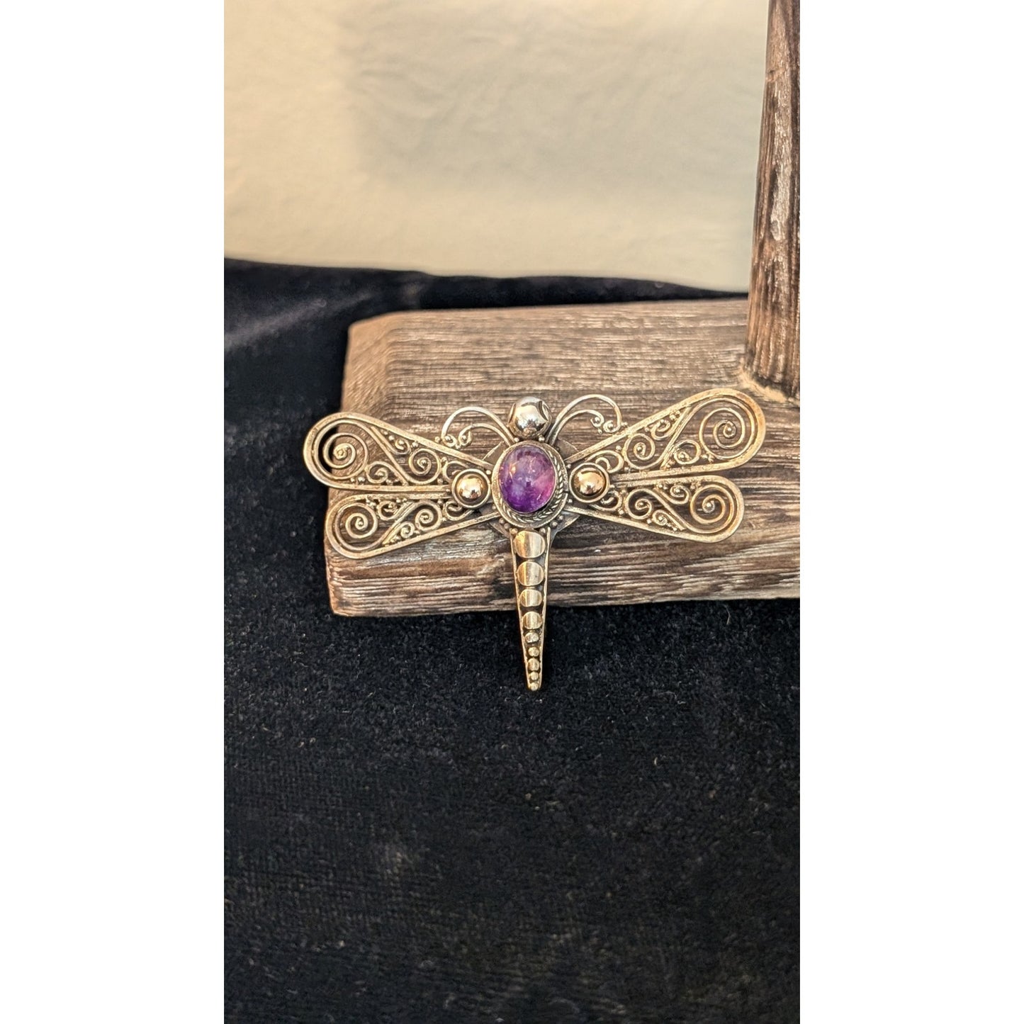 Vintage 925 Filigree Bali Design Amethyst Cabochon Dragon Fly C Clasp Brooch