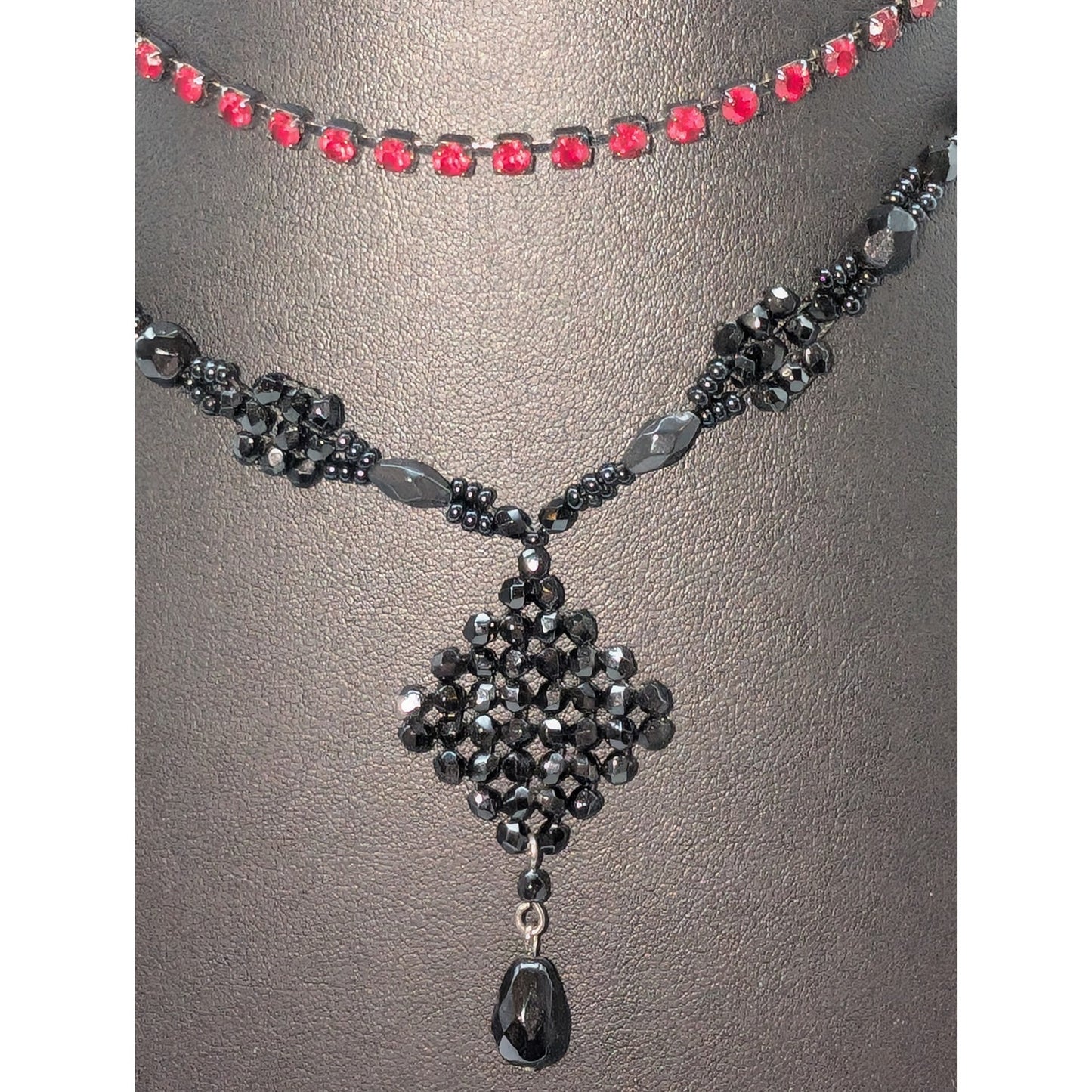 Vintage Lot of Two Black Crystal & Red Rhinestone Necklaces