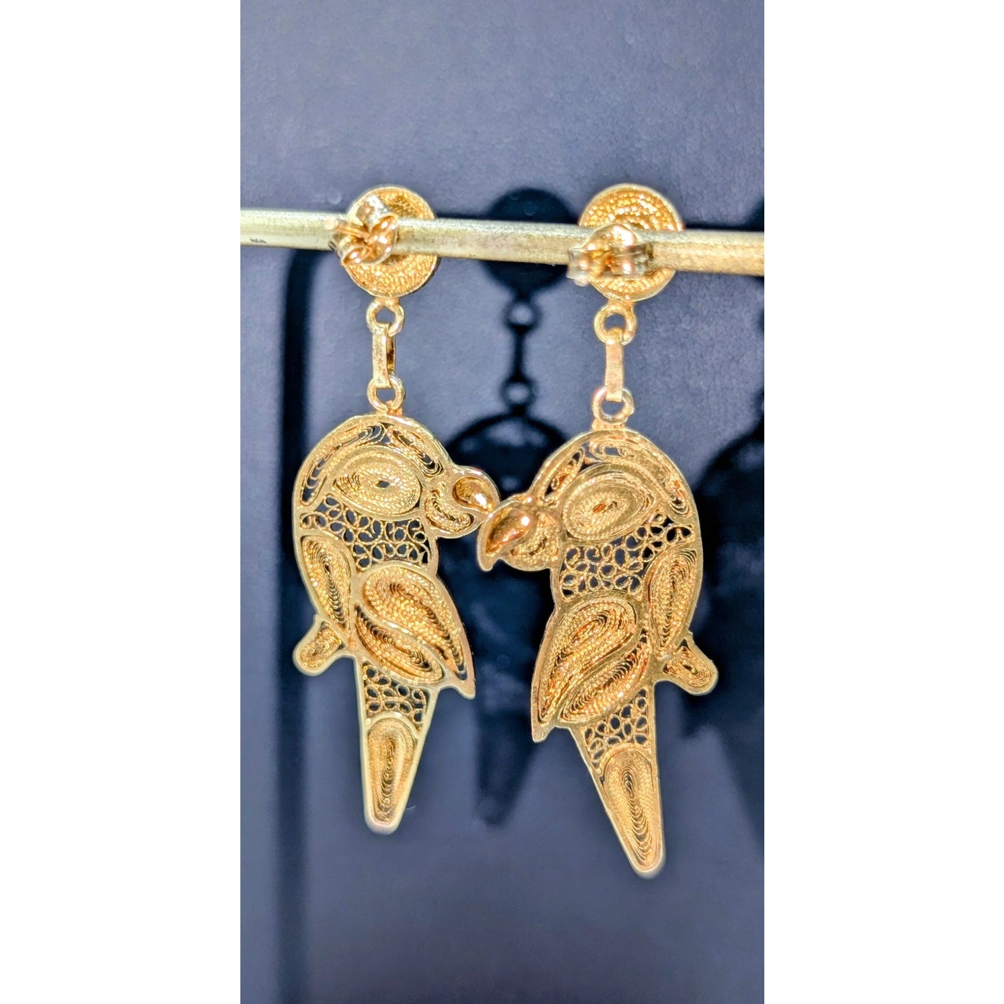 24K Gold Plated Artisan Created Filigree Parrot Dangle Pierced Earrings