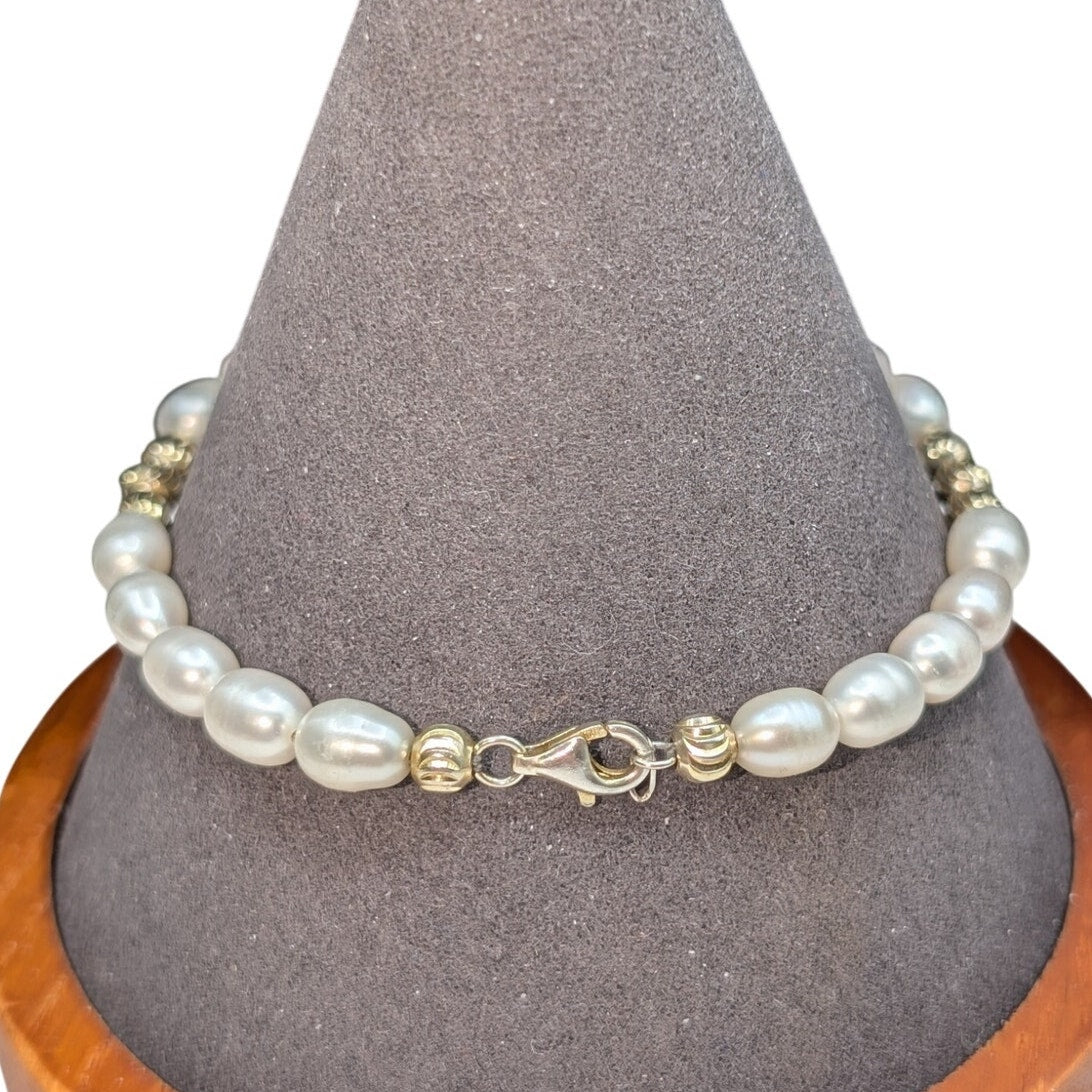 925 Sterling Vermeil Diamond Cut Bead & Pearl Bead Bracelet