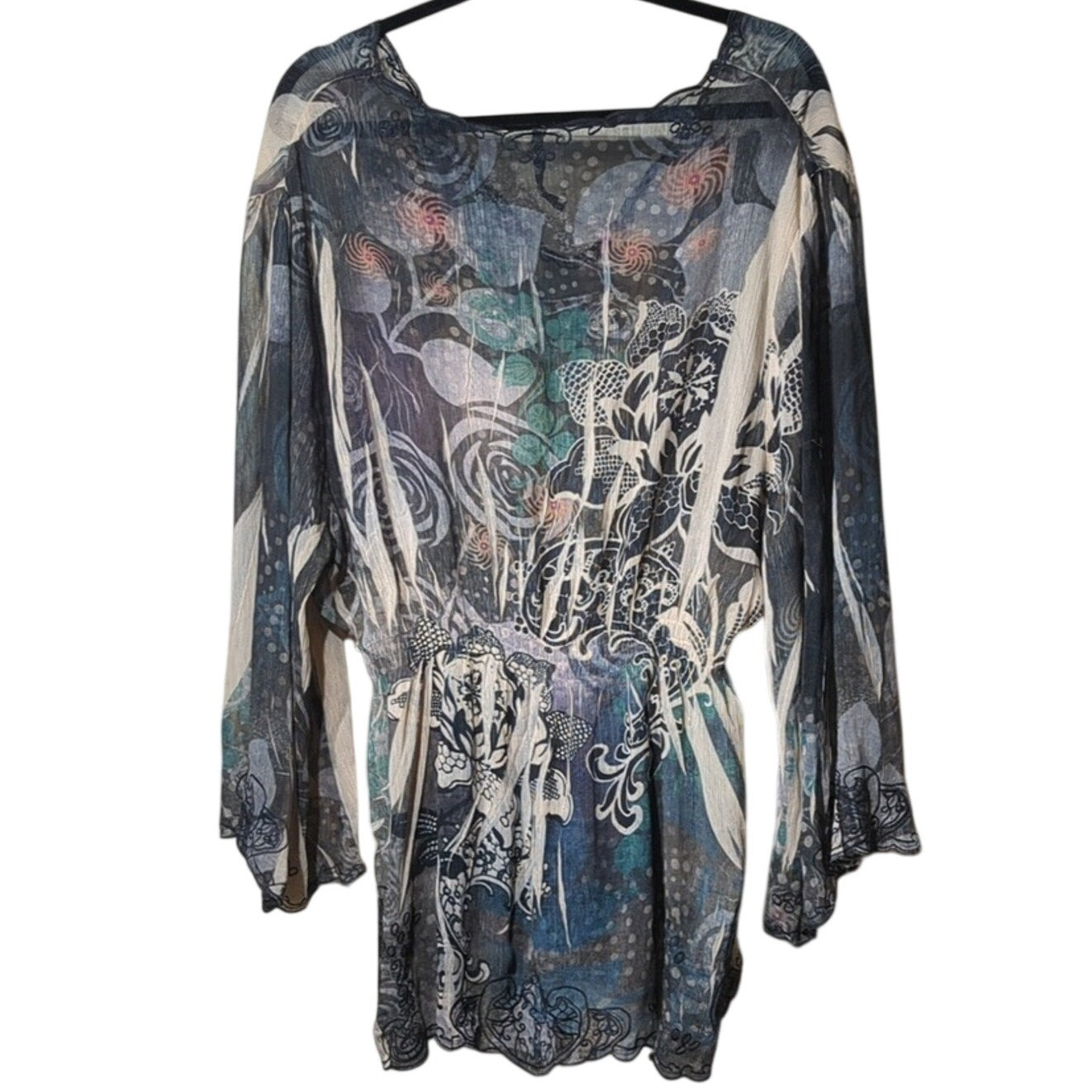 Teal Gray Gauzy Flowy V-Neck Embroidered Stretch Waist Tunic Top Women's Size 3X