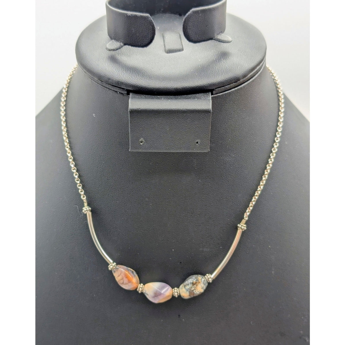925 Sterling Silver Three Agate Stone Curved Bar Bead Chain 14"-16" Necklace