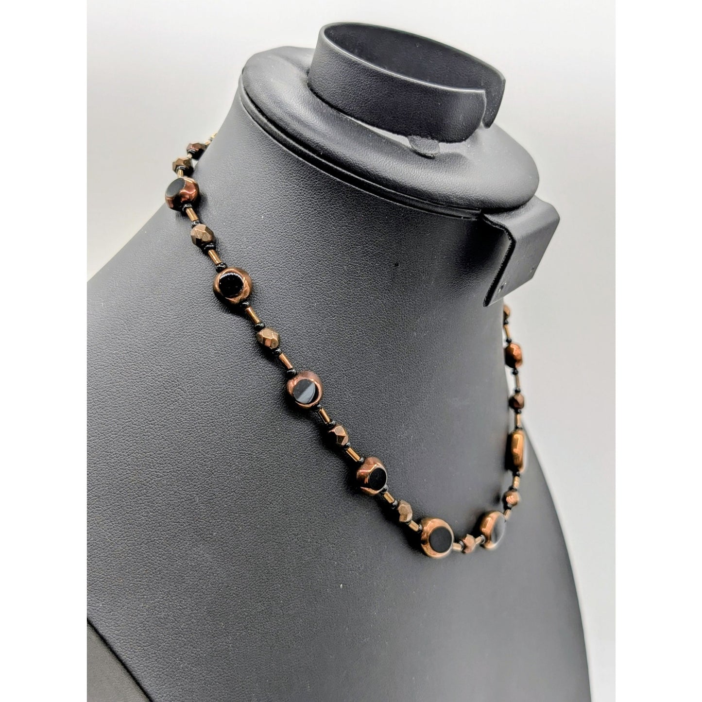 Bronze Bezel Set Black Glass Beaded Toggle Clasp 17.75" Necklace