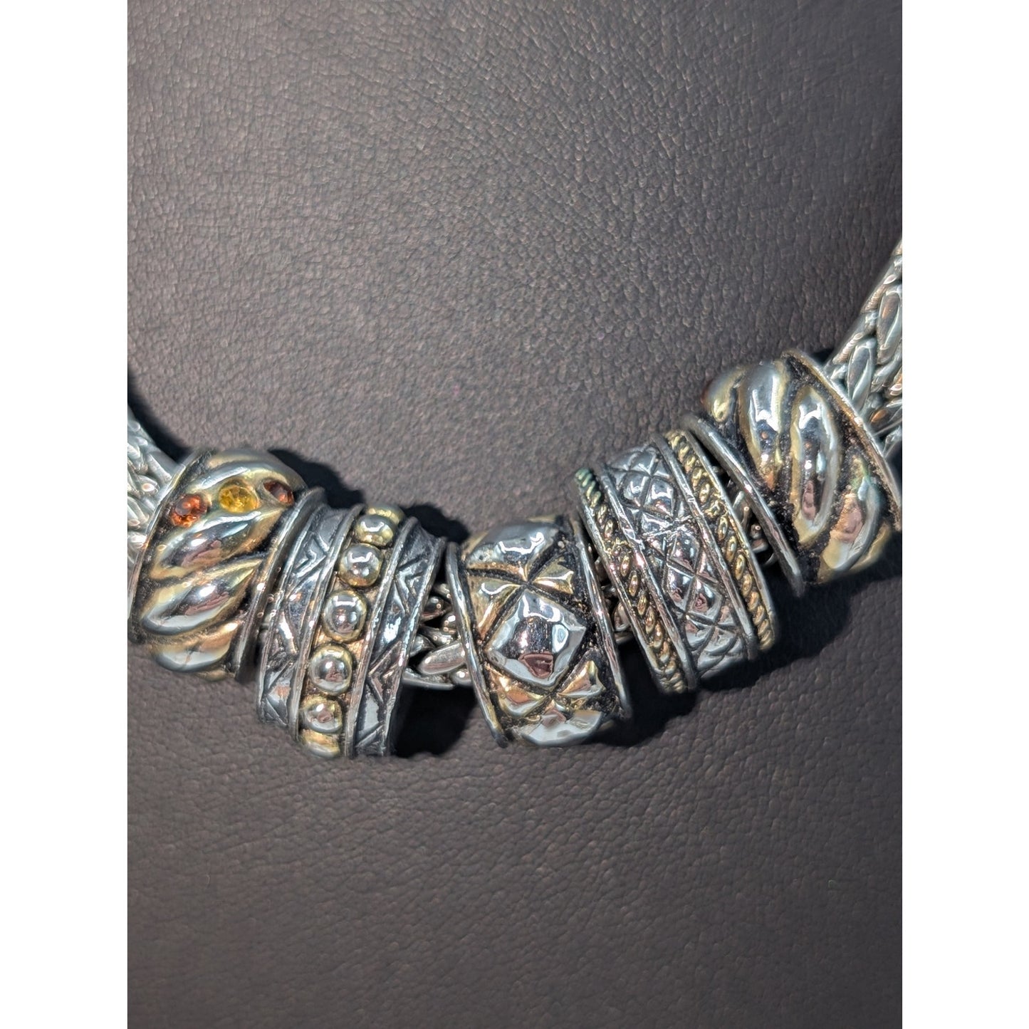 Chico's Silver Tone Triple Braided Chain Multi-Texture Rondelle Bead Necklace