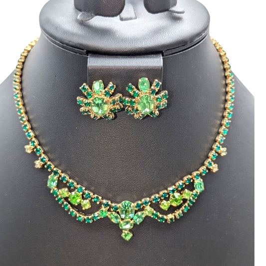 Vintage Light Green Dark Green Gold Tone 15.5" Necklace & Clip On Earring Set