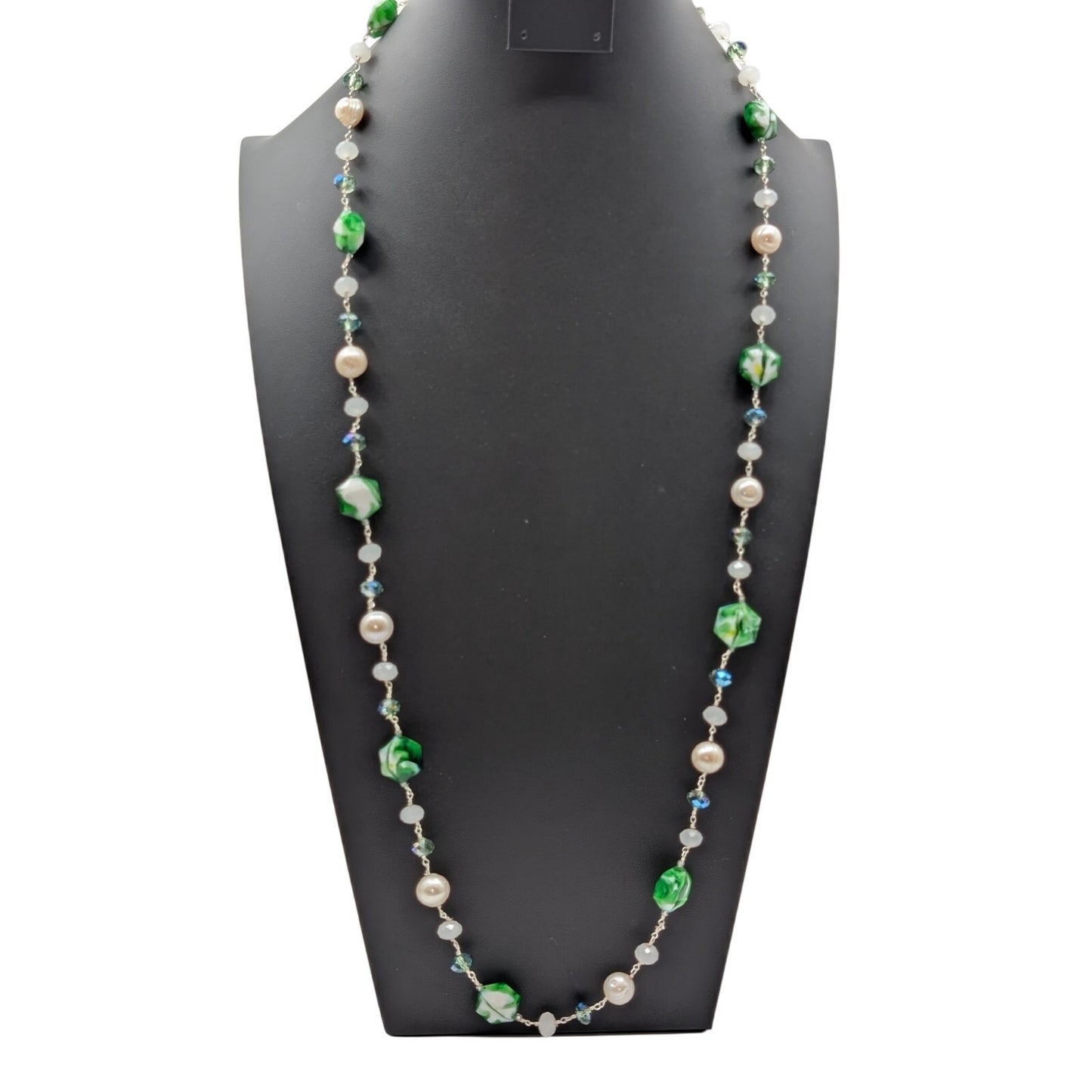 925 Sterling Silver Green White Swirl Glass Genuine Pearl Crystal 34" Necklace