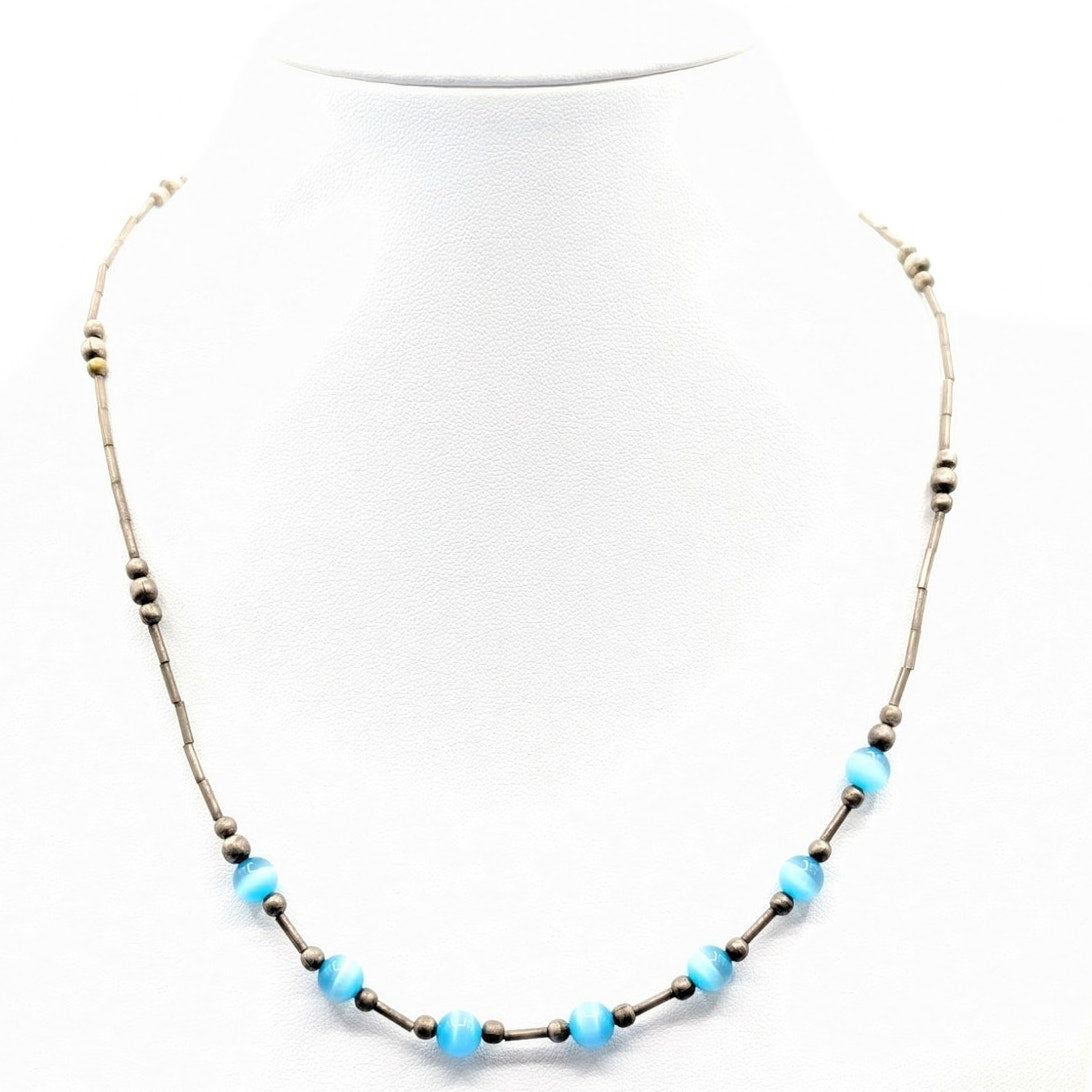 Vintage Liquid Silver Blue Cat's Eye Bead 18.5" Barrel Clasp Necklace