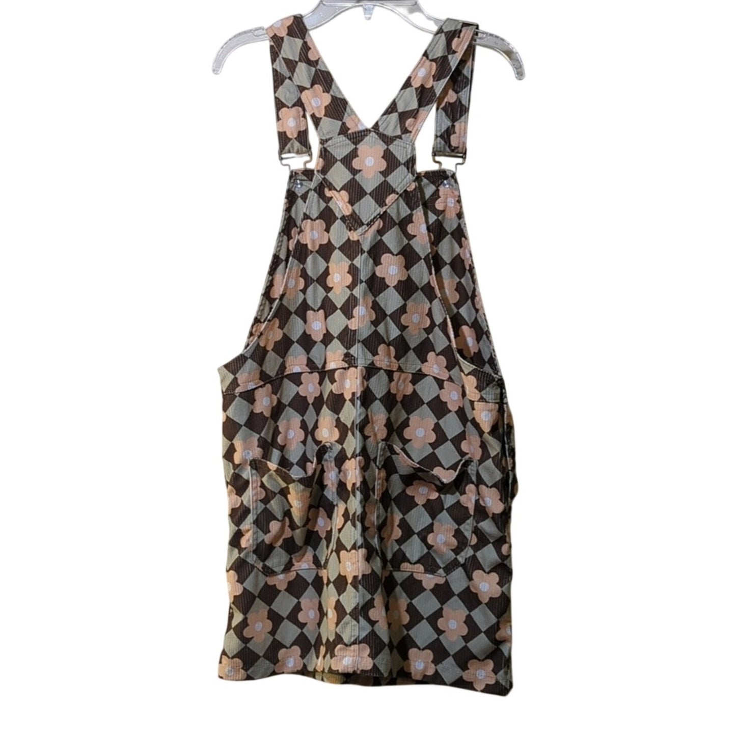 Storia Retro Daisy Checkered Corduroy Overall Mini Dress Brown/Green Sz. Small