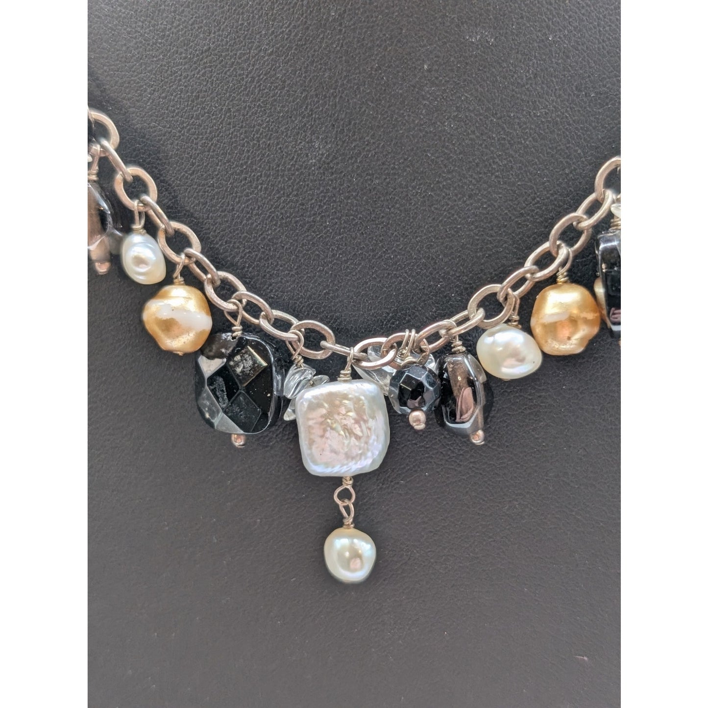 925 Sterling Silver Double Strand Cord Pearl Tourmaline Quartz Dangle Necklace