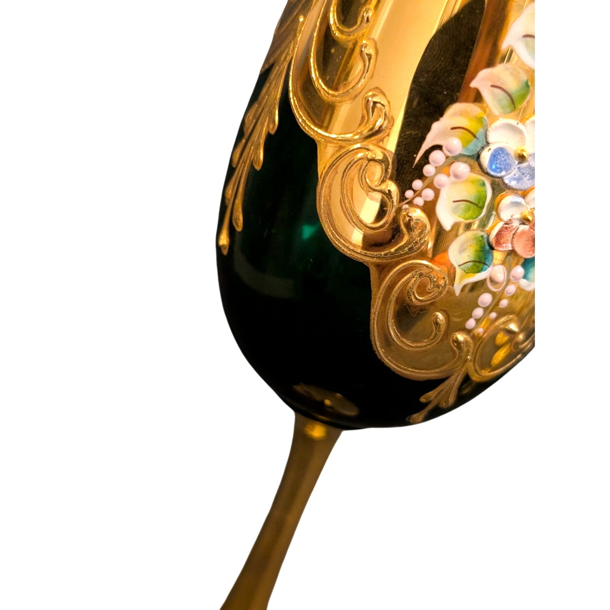 Vintage 50s Green Stem Wine Goblet Tre Fuochi Murano Italy Venetian Heavy Gilt