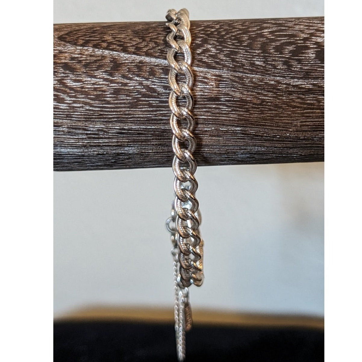Vintage Monet Silver Plated Textured Link Safety Clasp Charm Bracelet