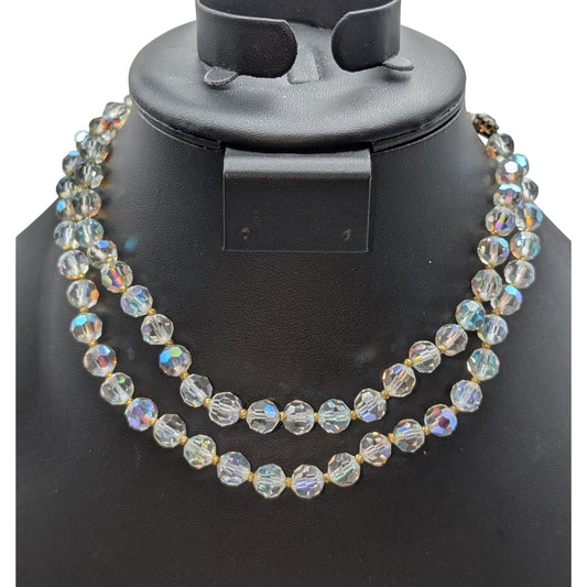 Vintage Double Strand Aurora Borealis Crystal Gold Bead  13"-15" Choker Necklace