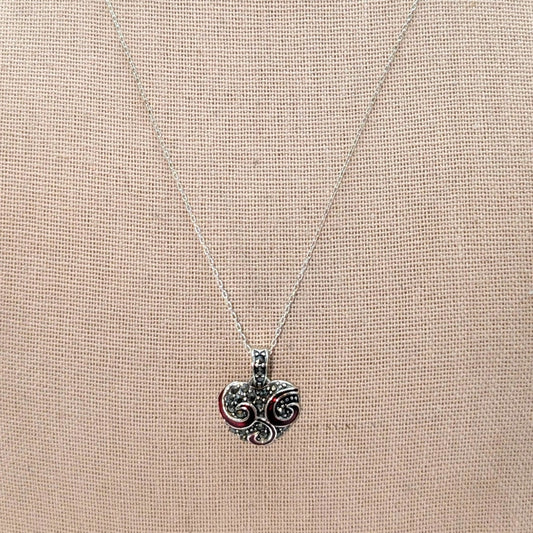 925 Sterling Silver Red Enamel Swirl Marcasite Heart Pendant Necklace