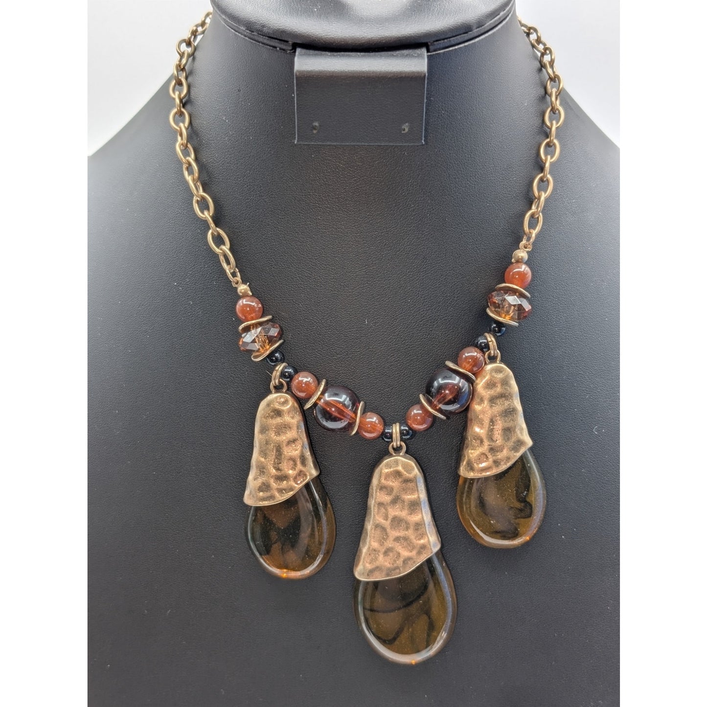 Gold Tone Three Large Amber Look Lucite Teardrop Dangles Beaded Chain Necklace