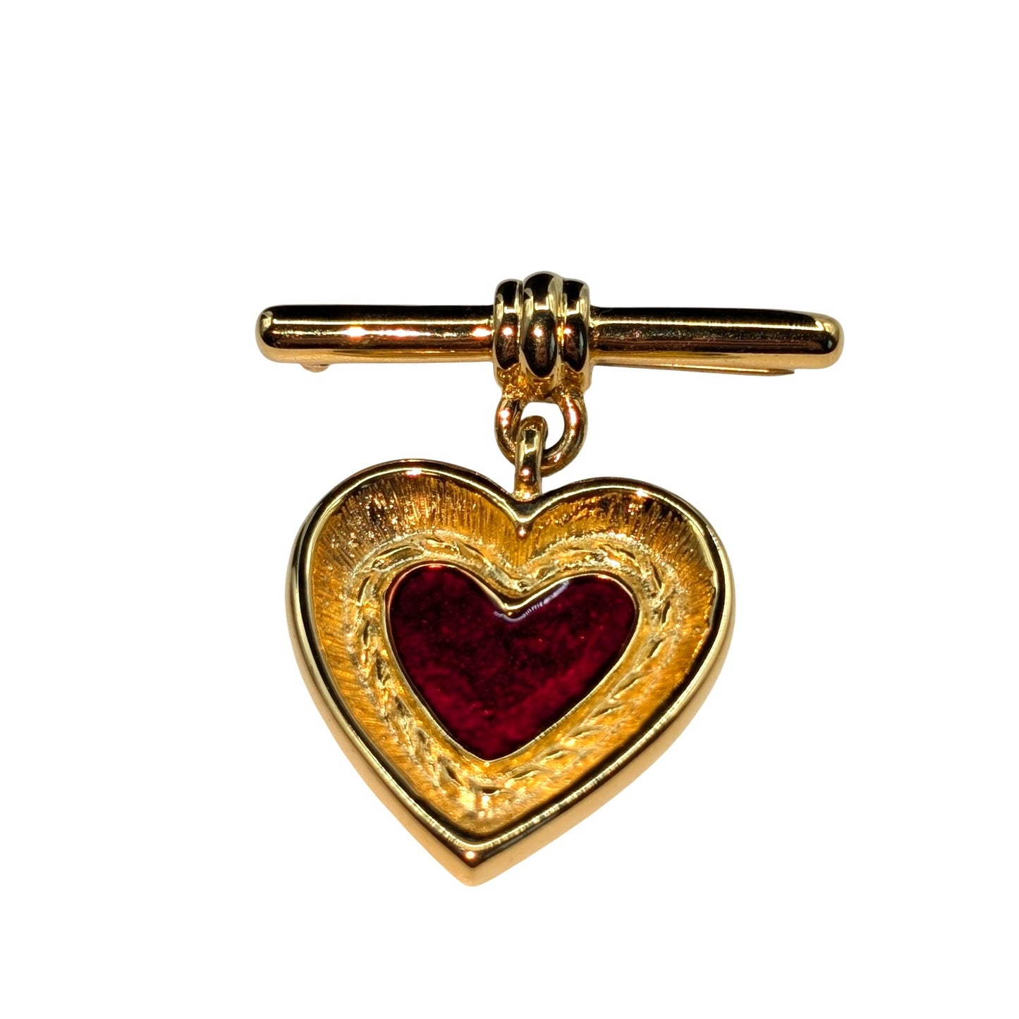 Vintage Signed FO Red Enamel Gold Tone Heart Dangle Brooch