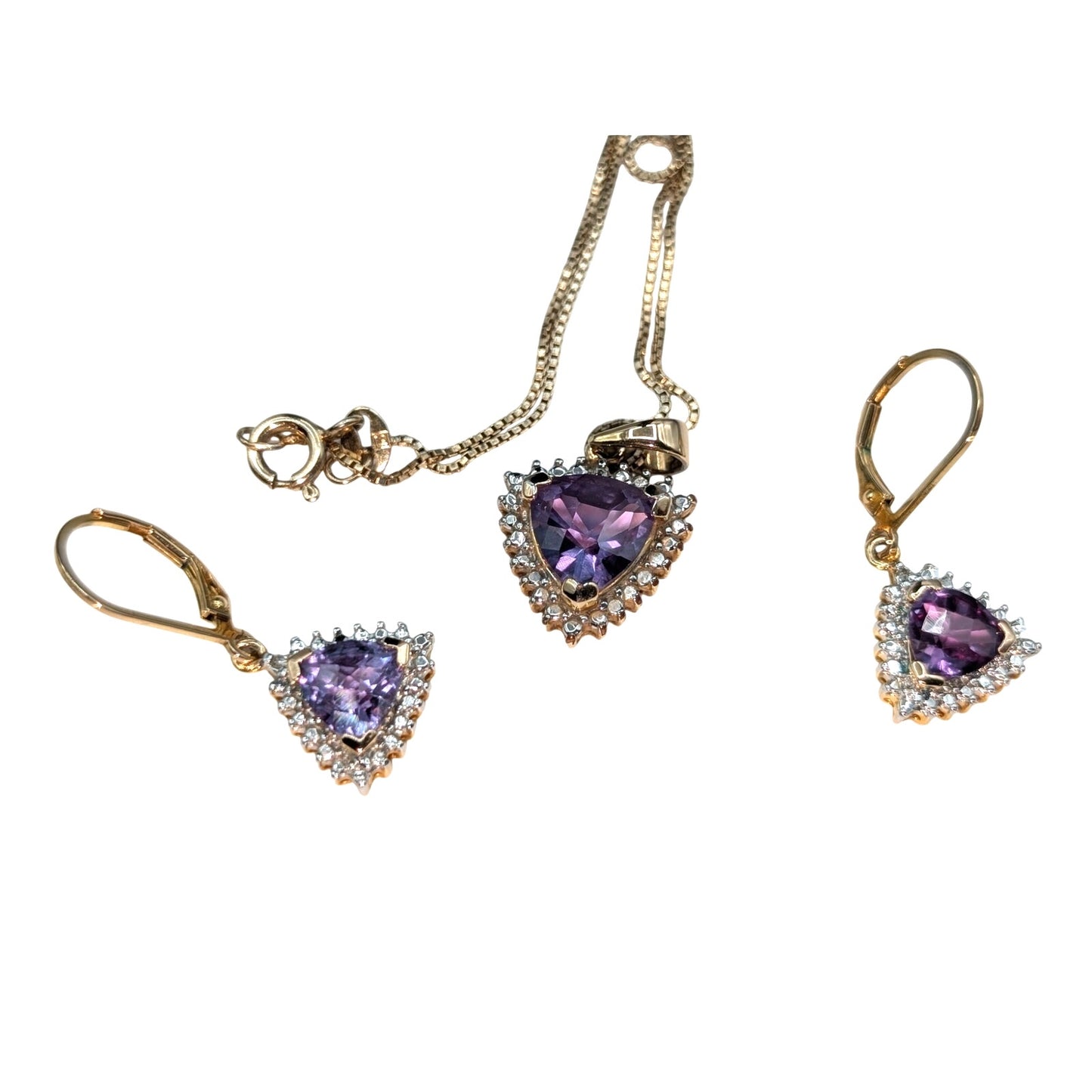 Vintage 925 Sterling Vermeil Faceted Purple Sapphire Pendant Necklace & Earrings