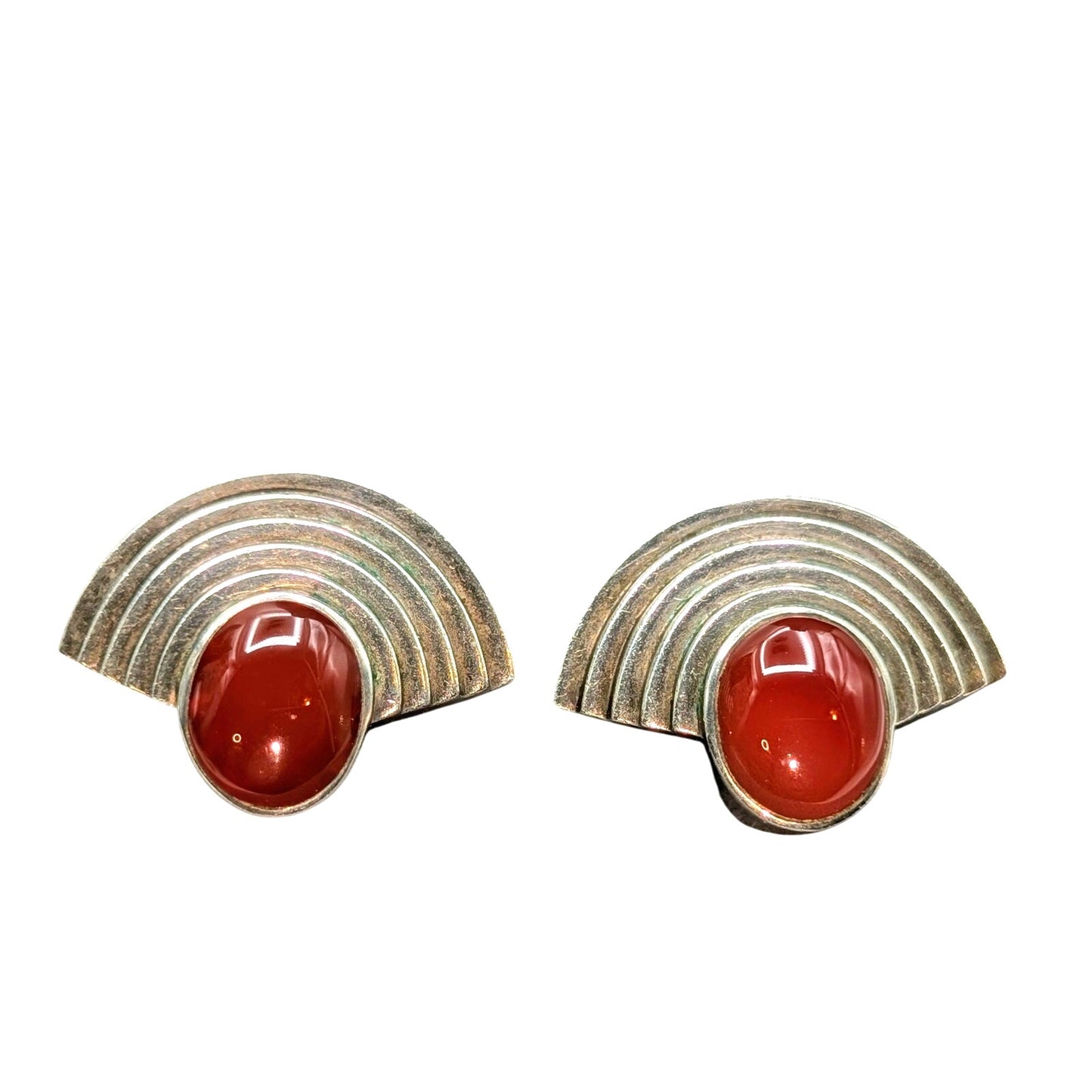 Vintage 80s Signed Nelson Levine Art Deco Style Carnelian Sterling Clip Earrings