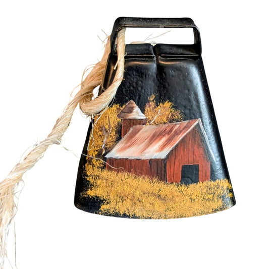 Rustic Country Barn Scene Black Painted Metal Cow Bell