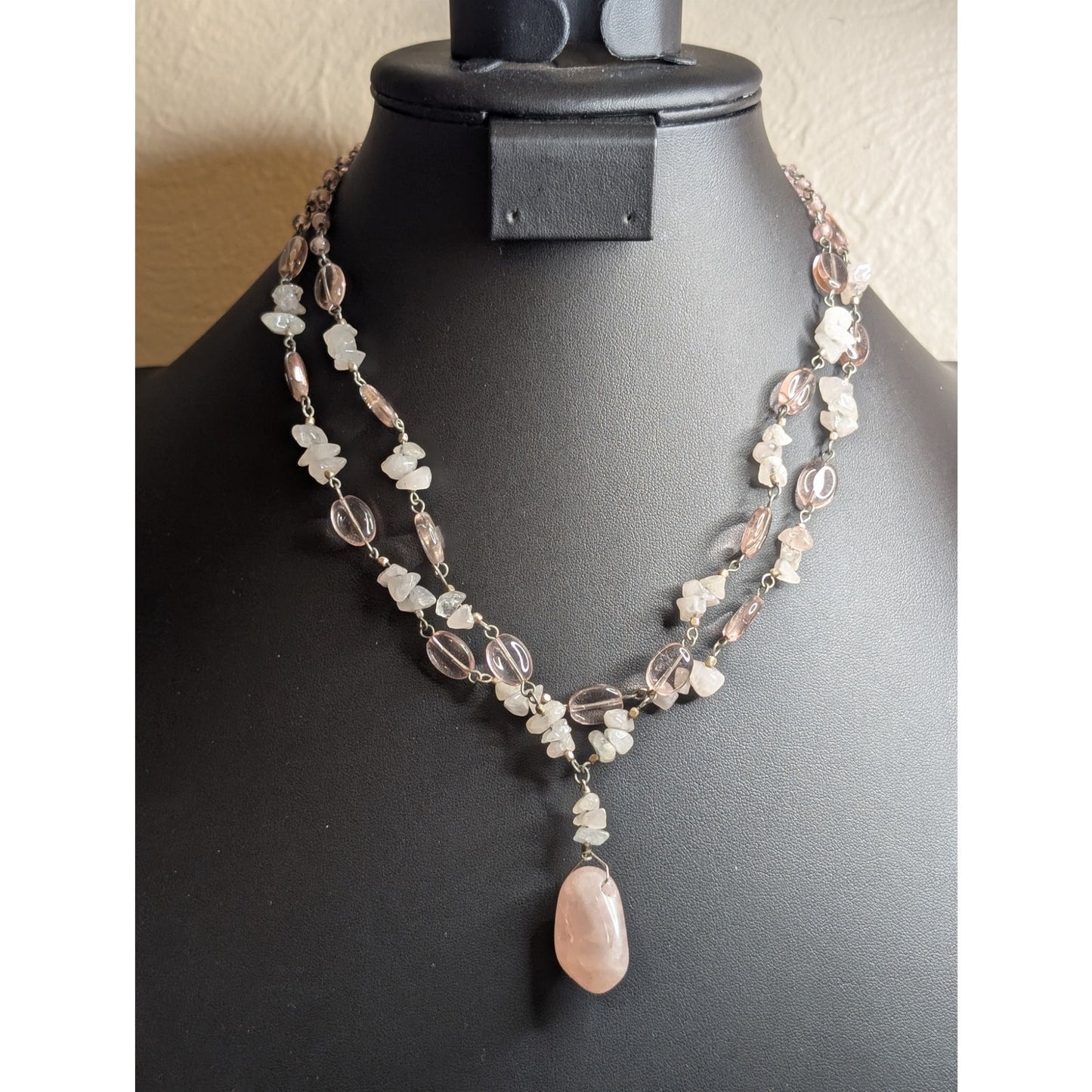 Robert Rose Pink Jadeite Quartz Chip Pink Glass Bead Double Strand Necklace