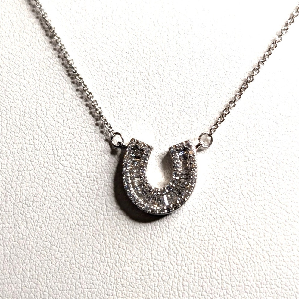 Silver Tone Baguette CZ Sparkling Horseshoe Pendant 16"-18" Necklace