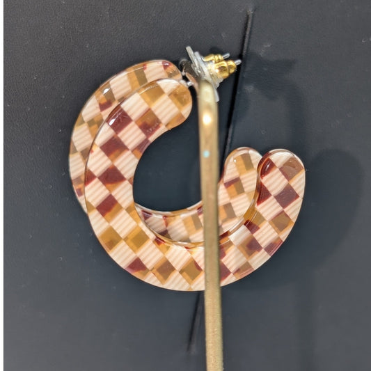Tortoise Checkerboard Acrylic Half 1.75" Hoop Earrings