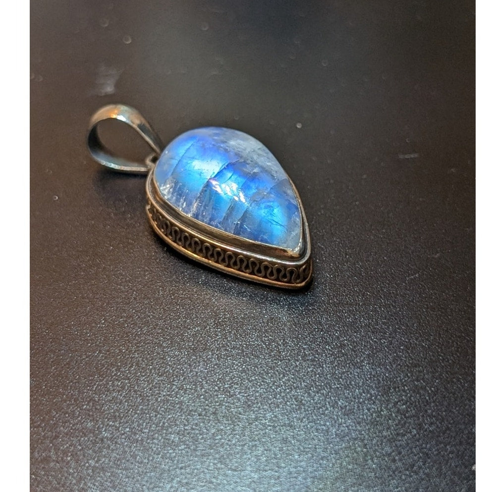 Blue Moonstone Teardrop Bali Wire Solid 925 Sterling Pendant Rope Chain Necklace