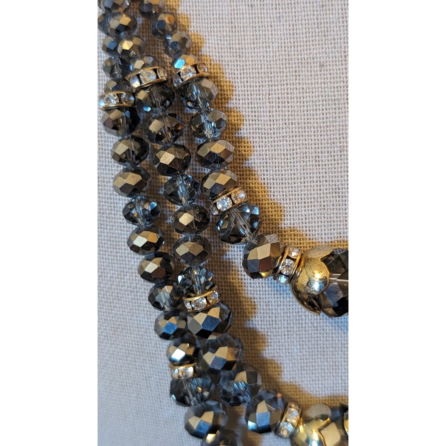 Smoky Gray, Metallic Crystal Bead, Gold Tone Rondelles, Scalloped Cap Necklace