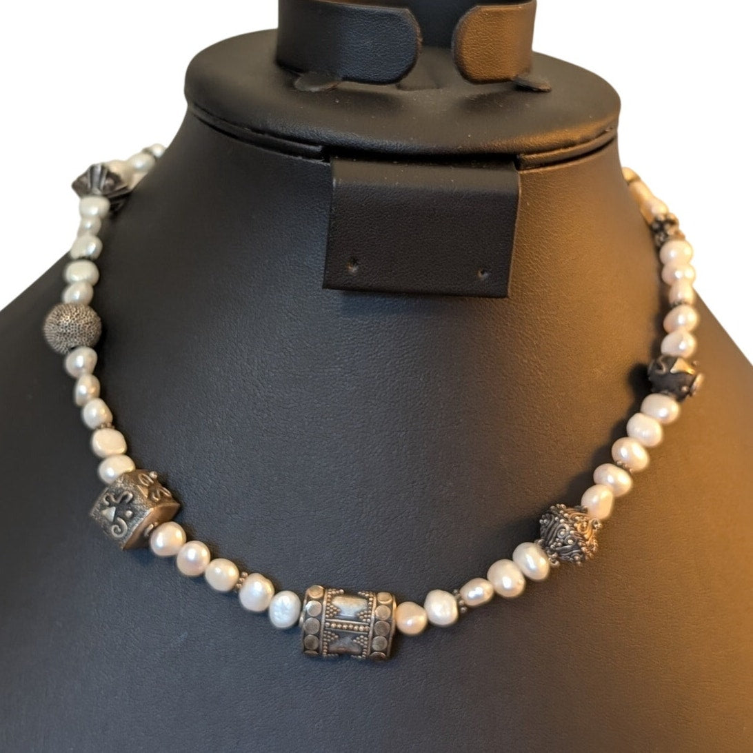 Freshwater Pearl Balinese Sterling Silver Toggle Clasp 16.5" Necklace