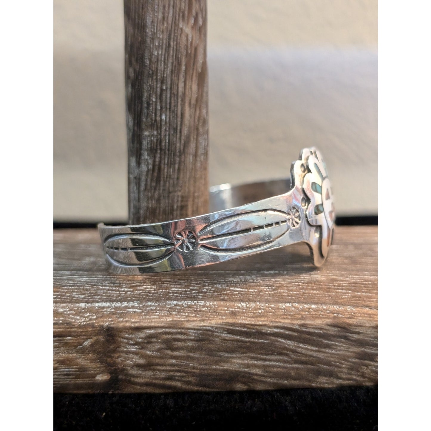 Rare Native American Vtg Sterling Silver Coral Turquoise Sun Cuff Bracelet