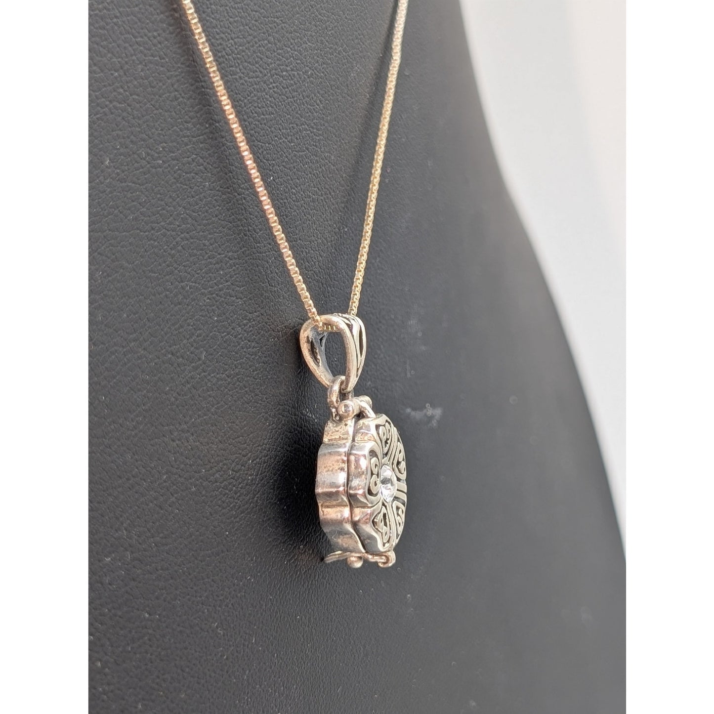 925 Sterling Silver CZ Vintage Locket Charm Pendant Box 17.75" Chain Necklace