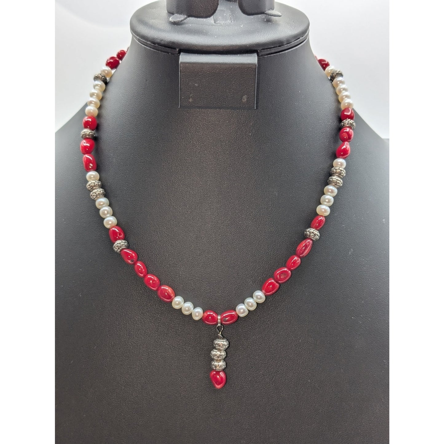 Red Coral Freshwater Pearl Silver Tone Beaded Necklace