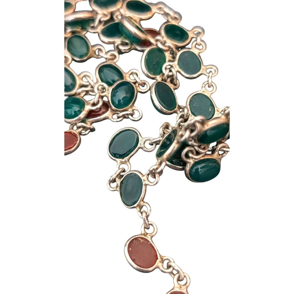 Vtg Green & Red Onyx Cabochons 925 Sterling Silver Collar Hook Clasp Necklace