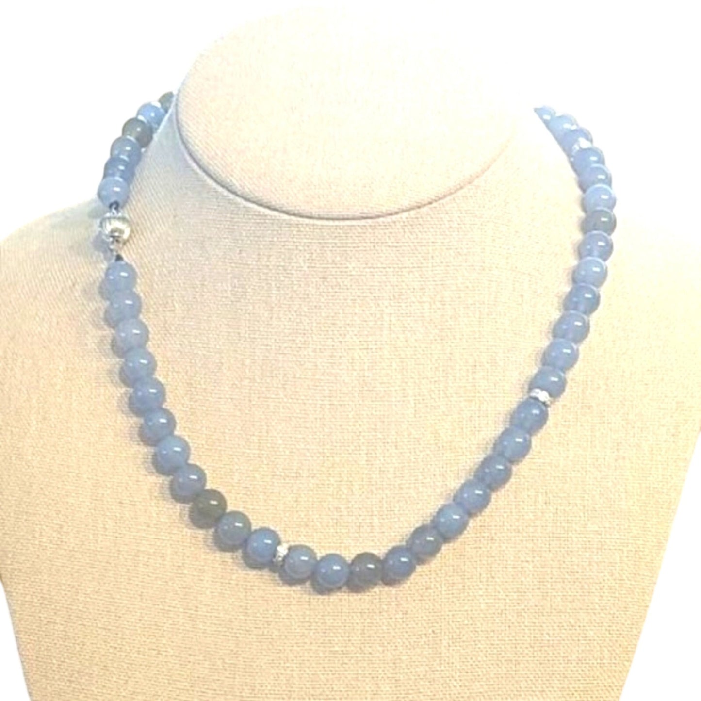 Vintage Genuine 14k White Gold and Diamond Chalcedony Bead 17.5" Necklace