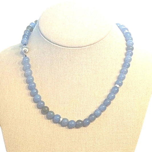Vintage Genuine 14k White Gold and Diamond Chalcedony Bead 17.5" Necklace